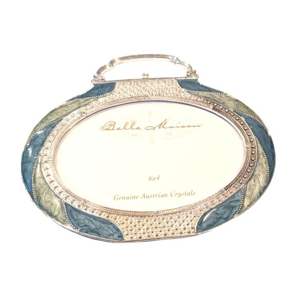 Belle Maison Enamel Austrian Crystal Purse Shaped Oval Frame Blue Green 6 X 4 - Picture 1 of 4
